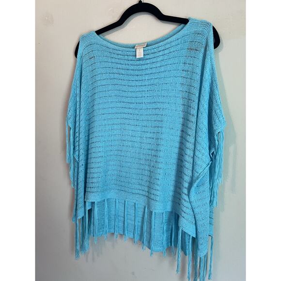 Chicos Aqua Blue Cold Shoulder Short Sleeve Fringe Shirt Womens 1 - Picture 3 of 8